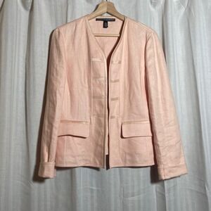 Linda Allard Ellen Tracy Pink 100% Linen Silk Trim Collarless Blazer Jacket Sz 6
